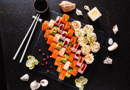 sushi set on the black backgroundの写真素材