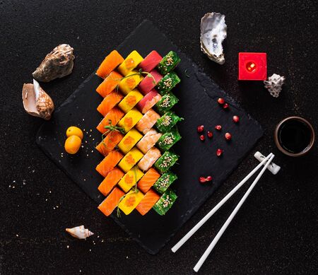 sushi set on the black backgroundの写真素材