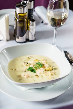 fish soup in the restaurantの写真素材
