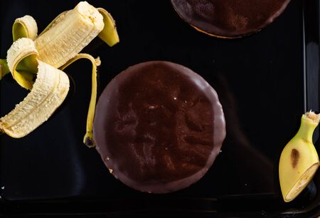 tasty banana cake on the black backgroundの写真素材