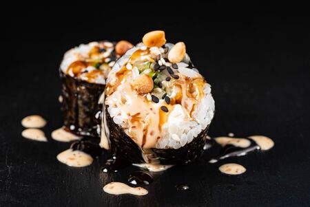 sushi on the black backgroundの写真素材