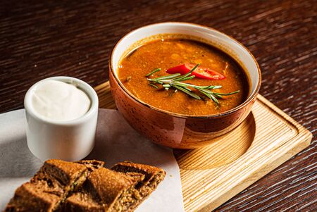 Hot winter soup on the woodenの写真素材