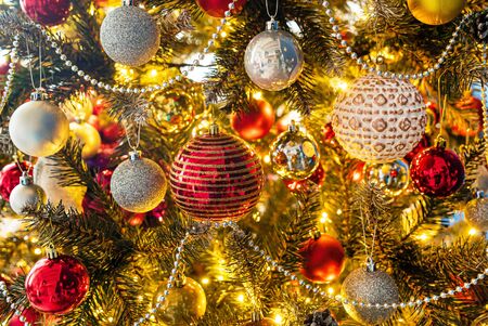 Christmas tree with red and golden ballsの写真素材