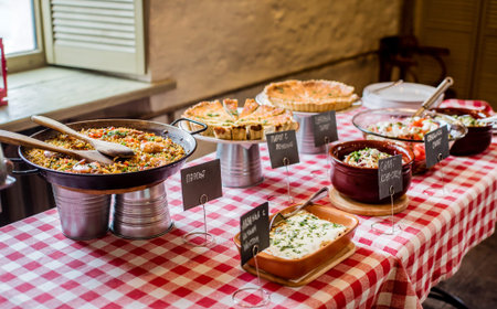Catering food on checked table