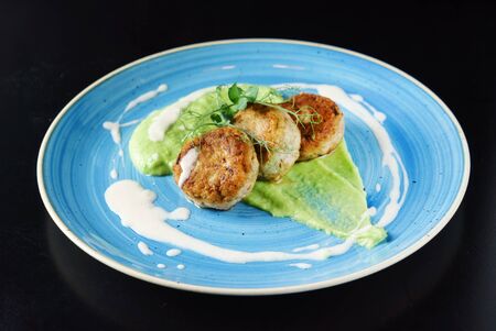 Chicken cutlets with pea pureeの写真素材