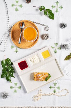 Christmas vegan custards with coconut and mangoの写真素材