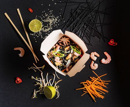 wok with shrimps and vegetablesの写真素材