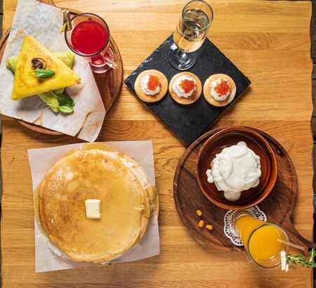 lunch with pancakes in the cafeの写真素材