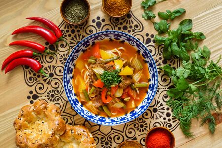 uzbek soup with fresh ingredientsの写真素材