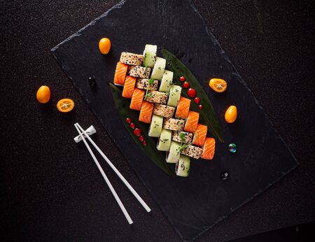 sushi set on the black backgroundの写真素材