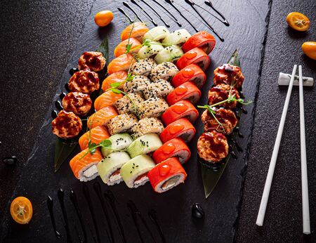 sushi set on the black backgroundの写真素材