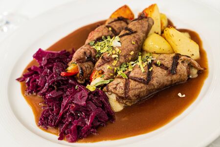 grilled pork  with potatoes and saladの写真素材