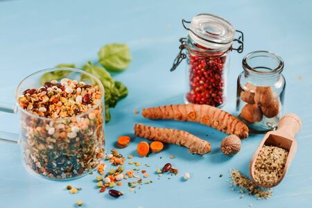 different kinds of spice on the tableの写真素材