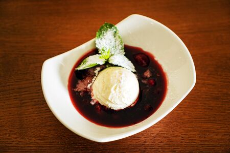 vanilla ice cream with berry sauceの写真素材