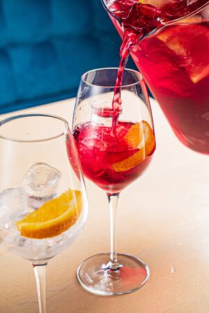 cold sangria with fresh fruits and berriesの写真素材
