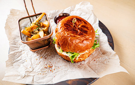 burger with tomato sauce and baked potato