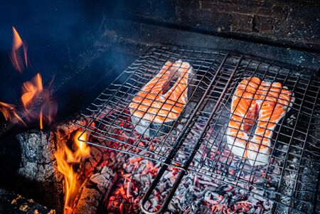 grilled salmon steak, party seasonの写真素材