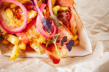 french fries with bacon and vegetables
