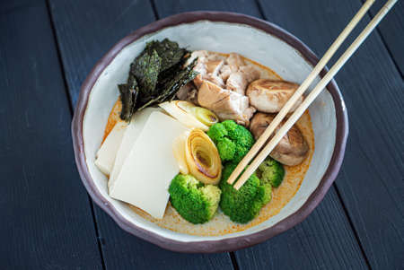 ramen with chicken and vegetablesの写真素材