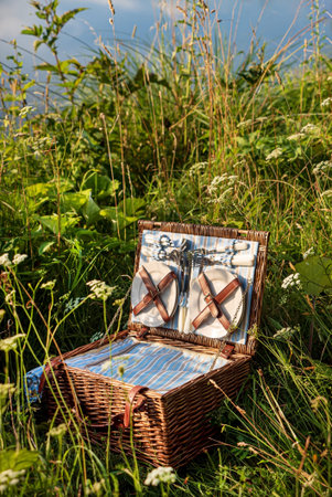 straw basket on the meadow