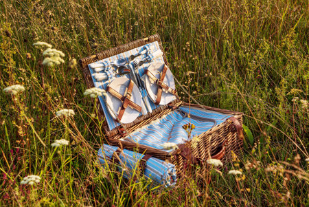 straw basket on the meadowの写真素材