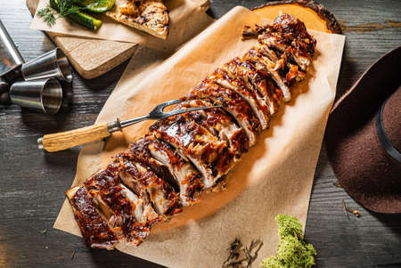 grilled ribs on the wooden boardの写真素材