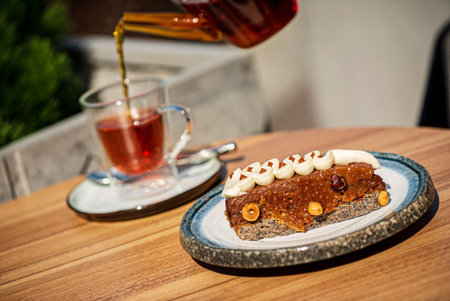 tea and caramel cake on the summer terrace