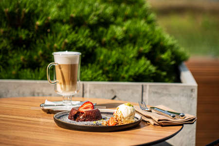Chocolate fondant (cupcake) with strawberries and ice creamの写真素材