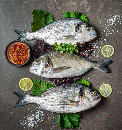 Delicious fresh fish on dark  backgroundの写真素材