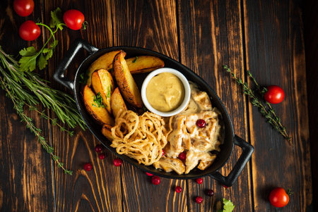 roasted potato with meat and sauce
