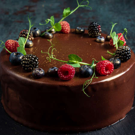 chocolate cake with blackberries and raspberriesの写真素材