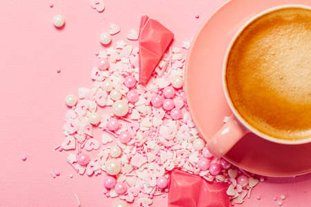 cup of coffee and pink chocolateの写真素材