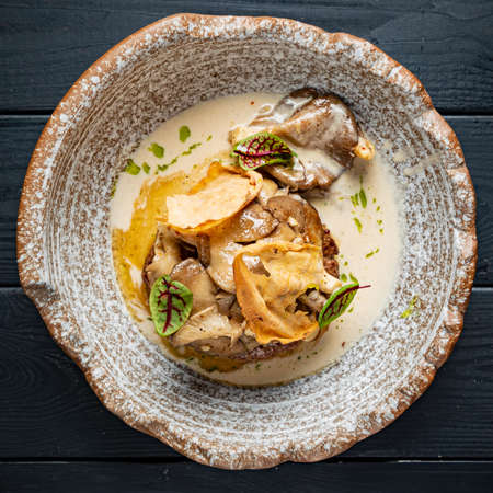 beef cutlet with vegetables and sauceの写真素材