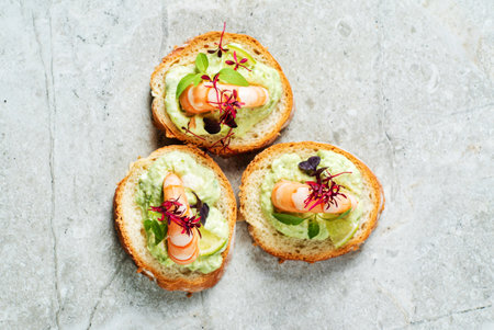 canape with cream cheese and shrimpsの写真素材