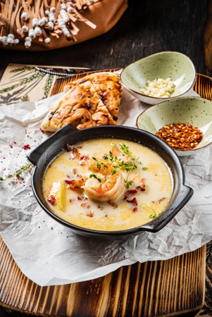 winter soup on the wooden boardの写真素材