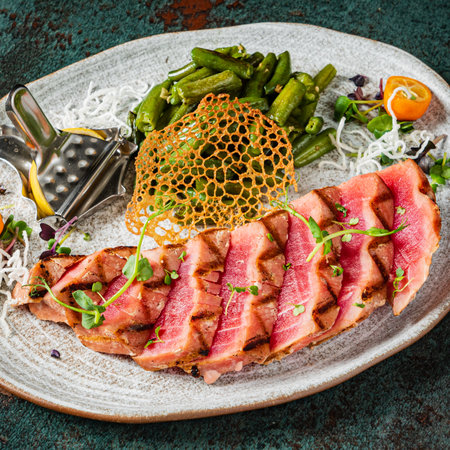 tuna steak with green beansの写真素材