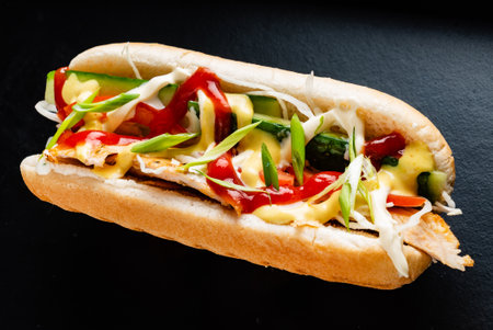 hot dog on the black backgroundの写真素材