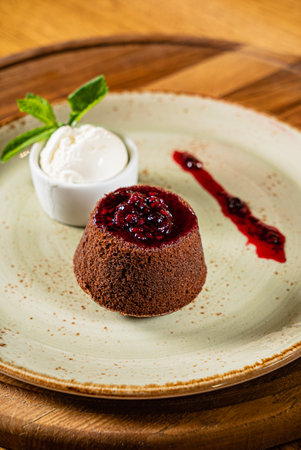 lava cake with berry sauceの写真素材