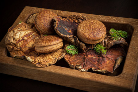 mushroom macaroons with red wineの写真素材