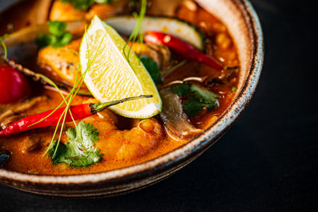 asian seafood soup in the bowlの写真素材