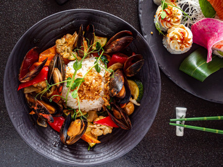 asian set on the black backgroundの写真素材