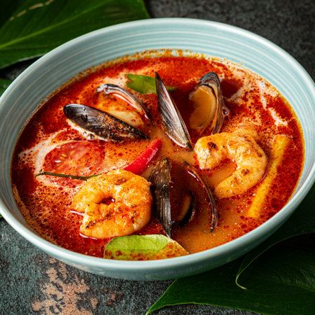 seafood soup in the bowlの写真素材