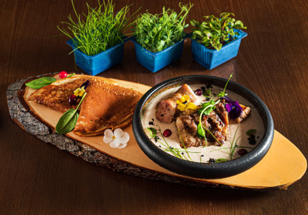 pancakes with sausage and pork ribsの写真素材