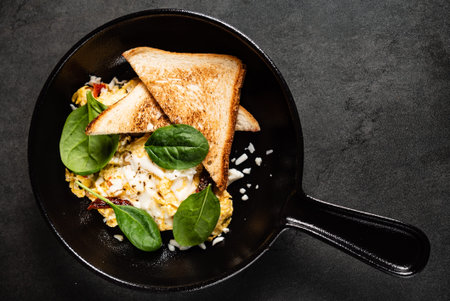 scrambled eggs with toasts and spinachの写真素材