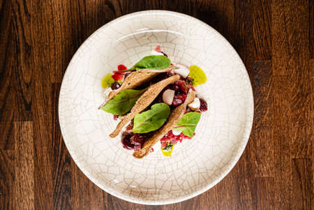 beef tartare with radish and bread chipsの写真素材