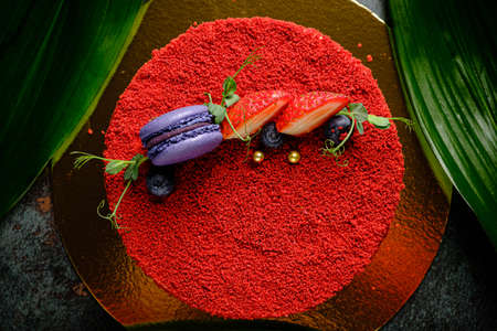 Red Velvet cake with strawberriesの写真素材