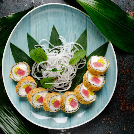 sushi set on the plate, top viewの写真素材