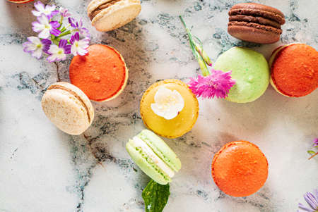 colorful macaroons on the marble backgroundの写真素材