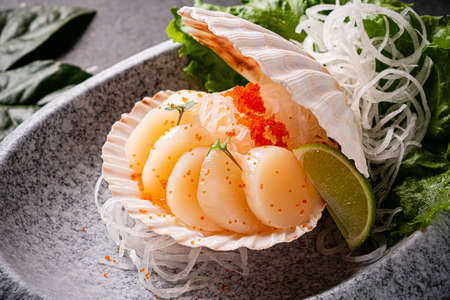 Delicious pan seared sea scallopの写真素材