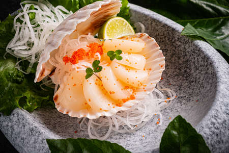 Delicious pan seared sea scallopの写真素材